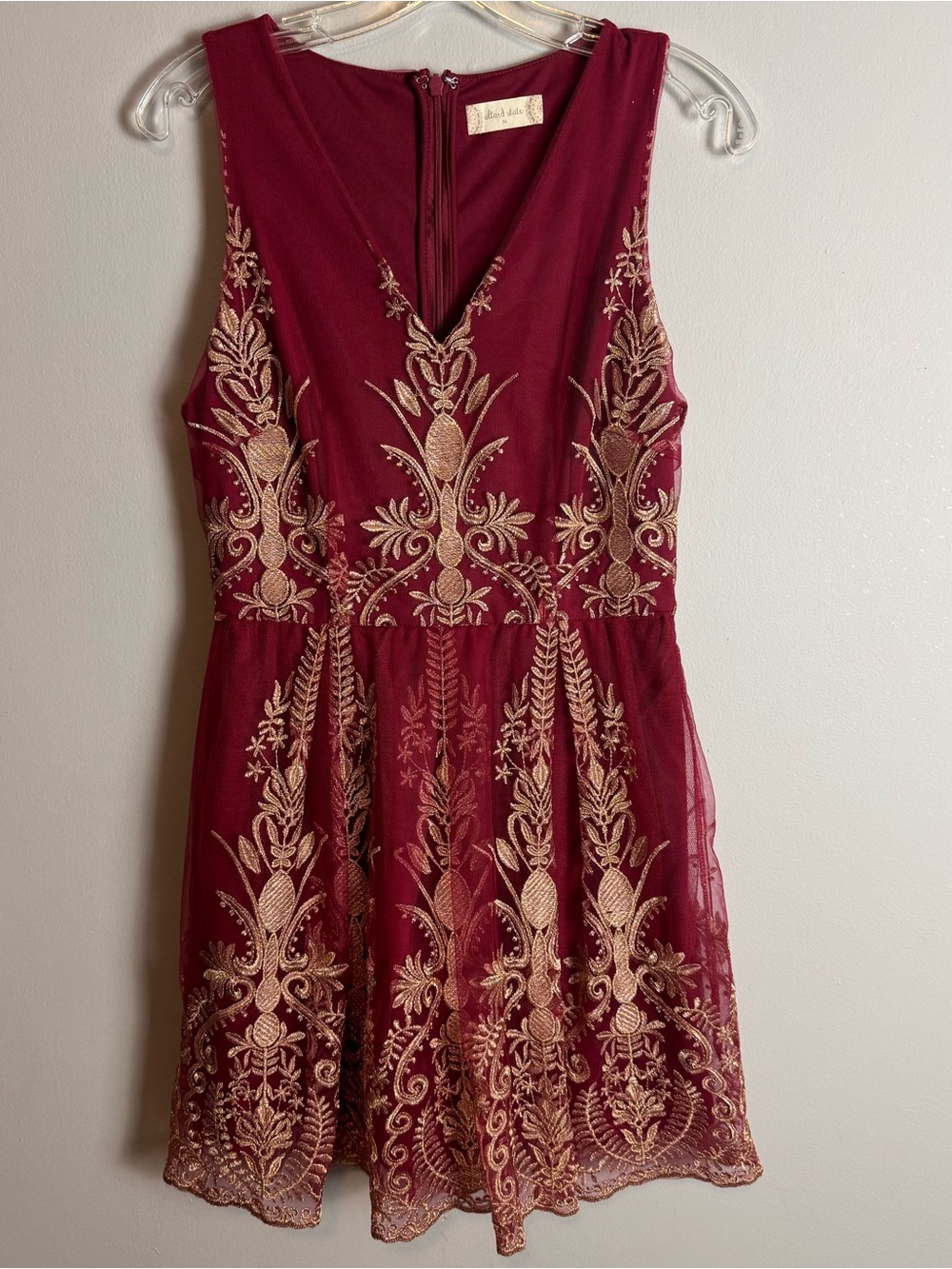 Altar'd State Burgundy Mini Dress With Gold Accents Size M